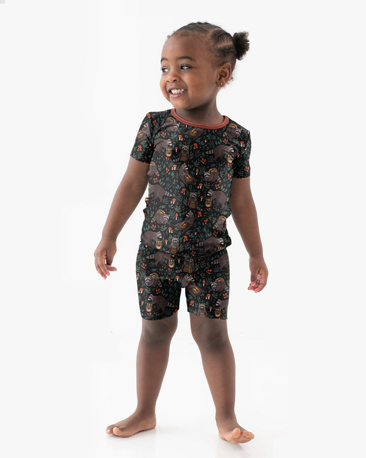 Raccoon And Whimsical Mushroom Bamboo Two Piece Short Sleeve Shorts Pajama Set