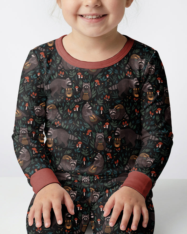 Raccoon And Whimsical Mushroom Bamboo Two Piece Long Sleeve Pajama Set