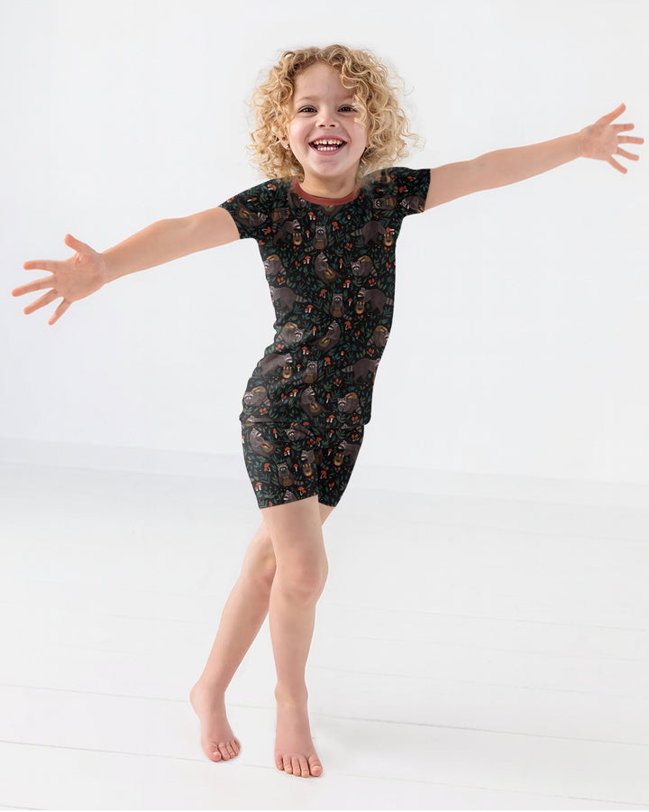 Raccoon And Whimsical Mushroom Bamboo Two Piece Short Sleeve Shorts Pajama Set