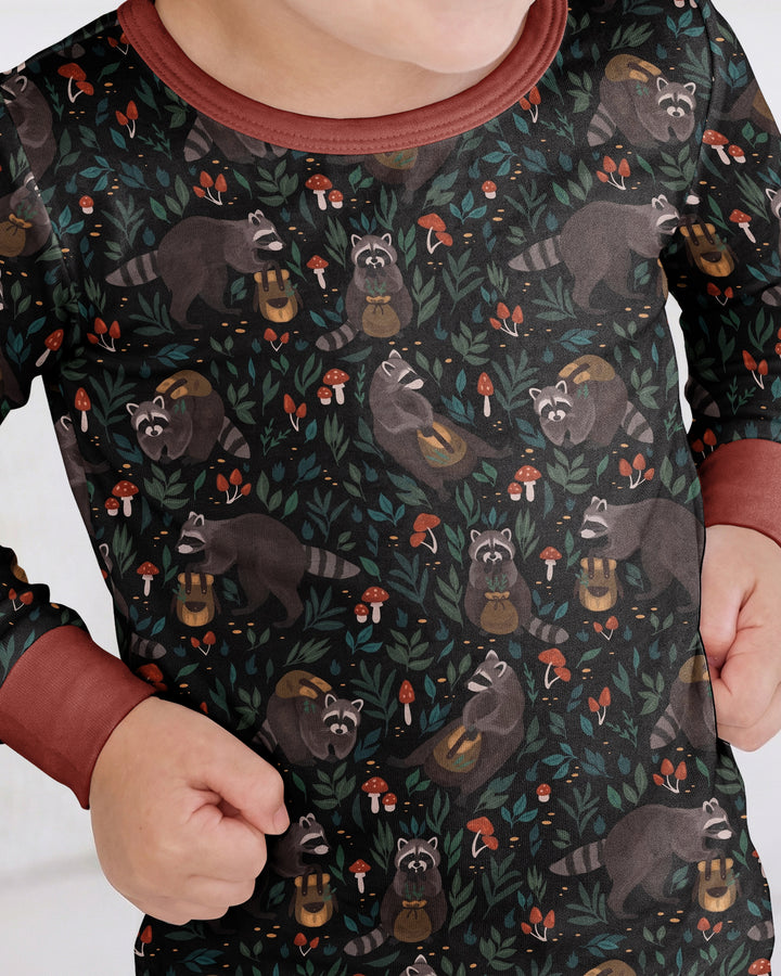 Raccoon And Whimsical Mushroom Bamboo Two Piece Long Sleeve Pajama Set