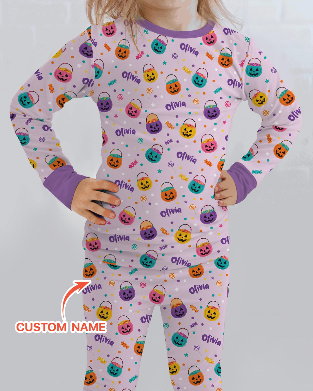 Custom Colorful Trick Or Treat Halloween Candy Bag Bamboo Two Piece Long Sleeve Pajama Set