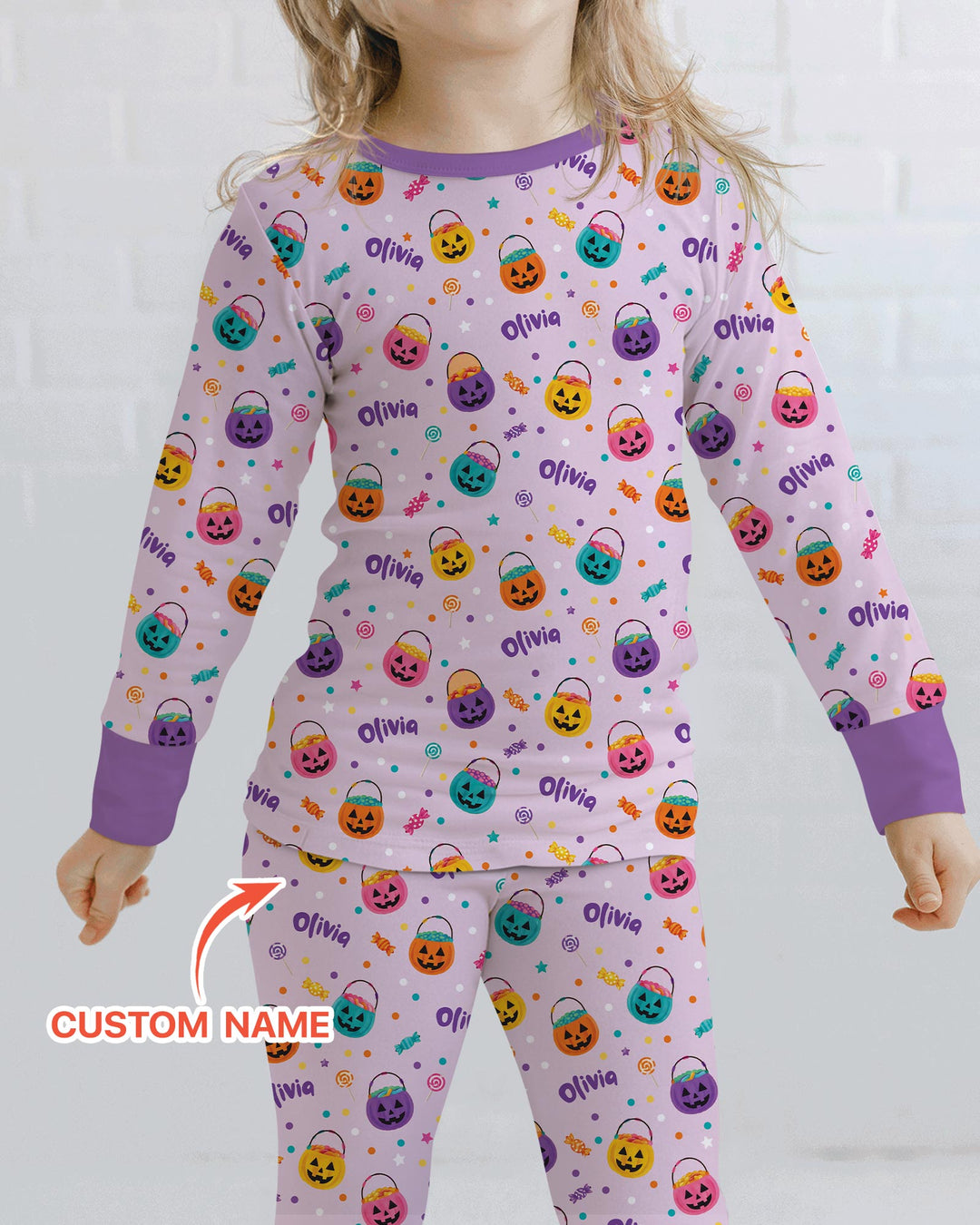 Custom Colorful Trick Or Treat Halloween Candy Bag Bamboo Two Piece Long Sleeve Pajama Set