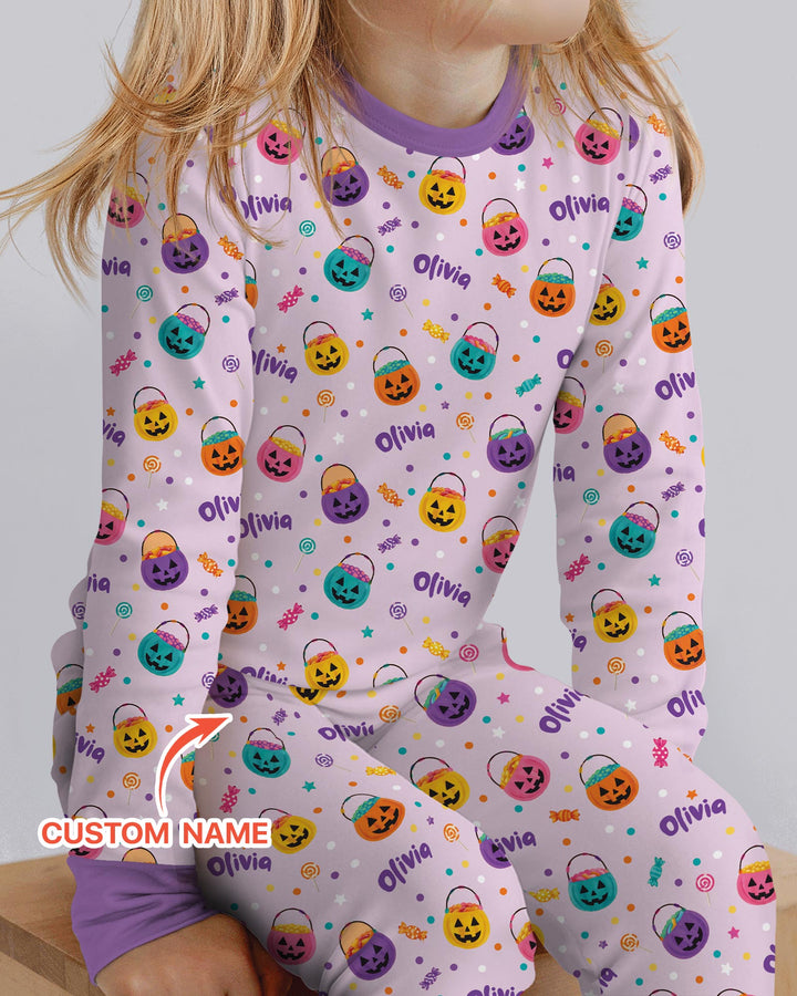 Custom Colorful Trick Or Treat Halloween Candy Bag Bamboo Two Piece Long Sleeve Pajama Set