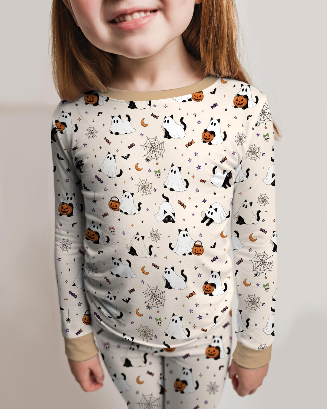 Ghost Cat Vintage Halloween Bamboo Two Piece Long Sleeve Pajama Set