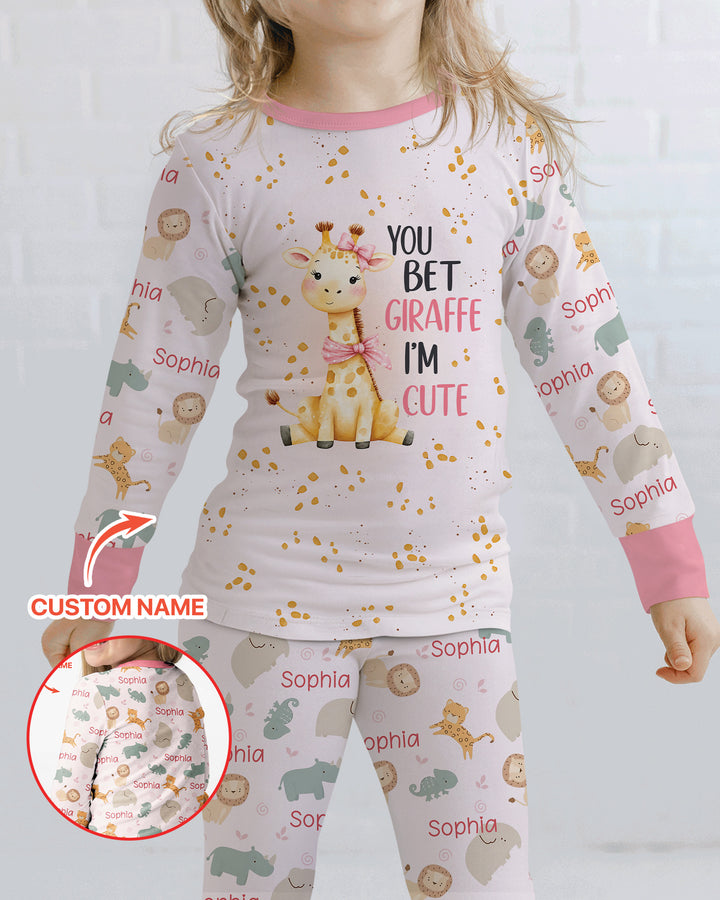 You Bet Giraffe I'm Cute Custom Name Bamboo Two Piece Long Sleeve Pajama Set