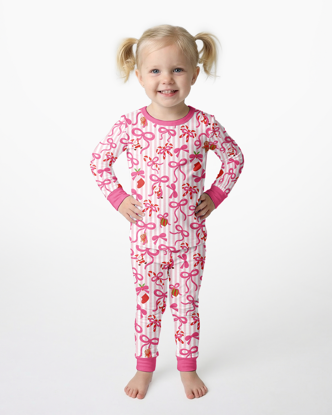 Pink Bow Christmas Magic Bamboo Two Piece Long Sleeve Pajama Set
