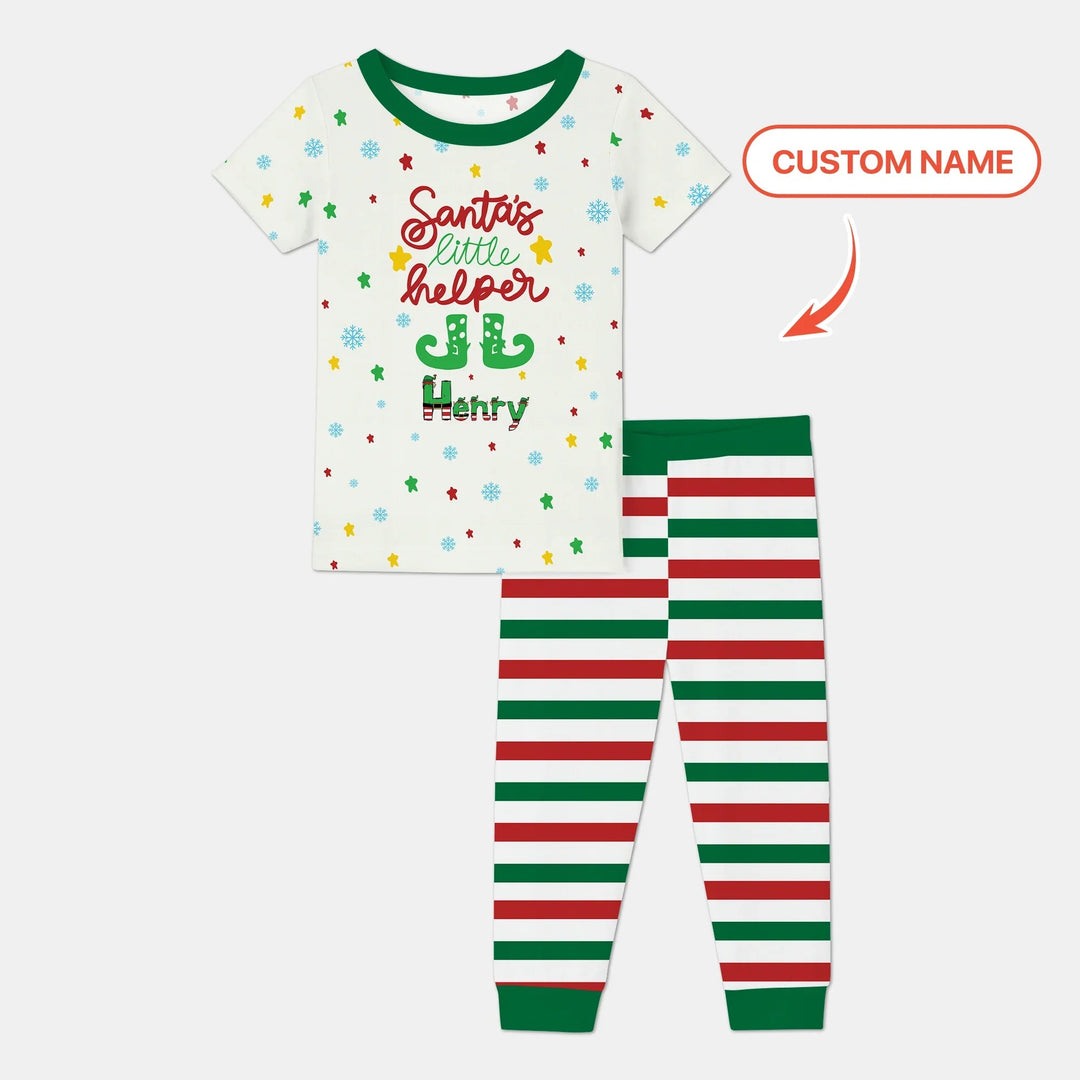 Santa's Little Helper Custom Name Two Piece Short Sleeve Pajama Set - Zumbamboo