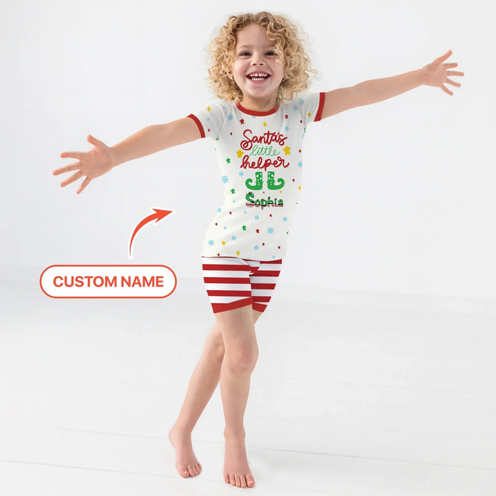 Santa's Little Helper Custom Name Two Piece Short Sleeve Shorts Pajama Set - Zumbamboo