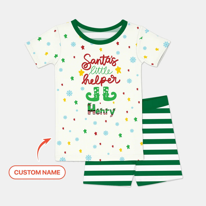 Santa's Little Helper Custom Name Two Piece Short Sleeve Shorts Pajama Set - Zumbamboo