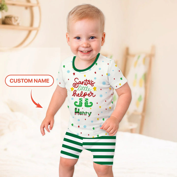 Santa's Little Helper Custom Name Two Piece Short Sleeve Shorts Pajama Set - Zumbamboo