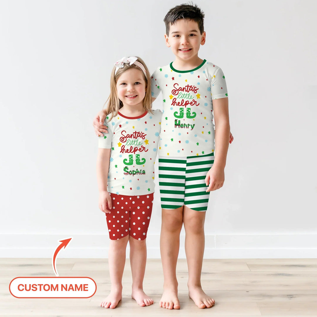 Santa's Little Helper Custom Name Two Piece Short Sleeve Shorts Pajama Set - Zumbamboo
