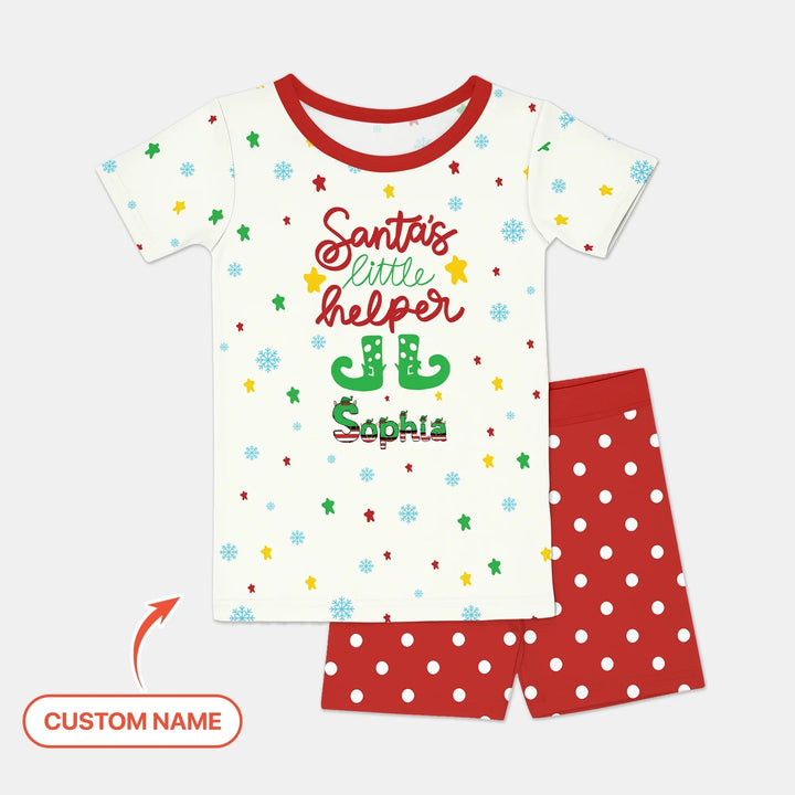 Santa's Little Helper Custom Name Two Piece Short Sleeve Shorts Pajama Set - Zumbamboo