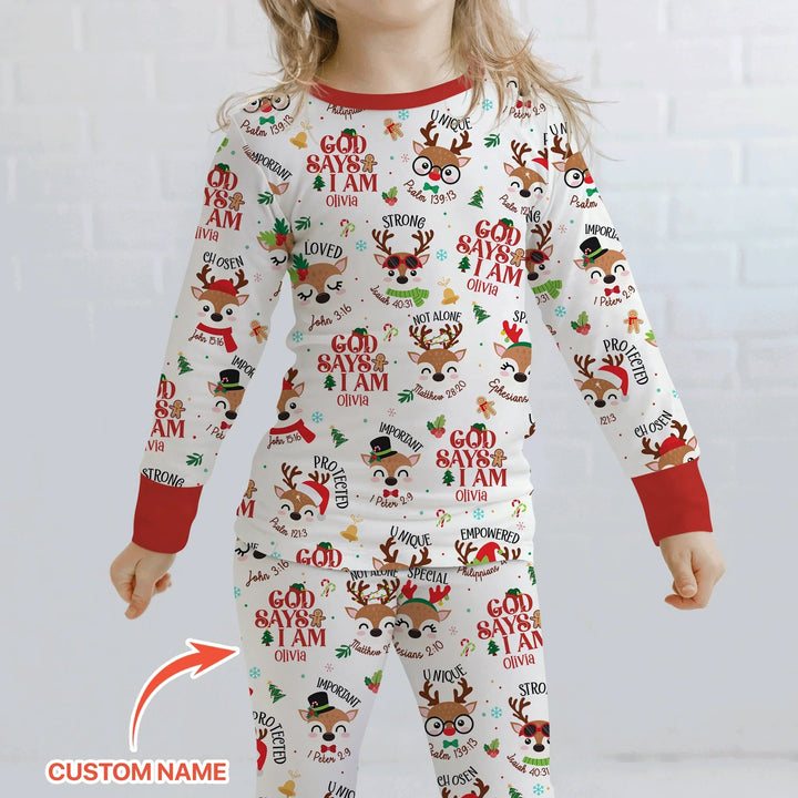 Santa’s Reindeer God Says I Am Custom Name Two Piece Long Sleeve Pajama Set - Zumbamboo