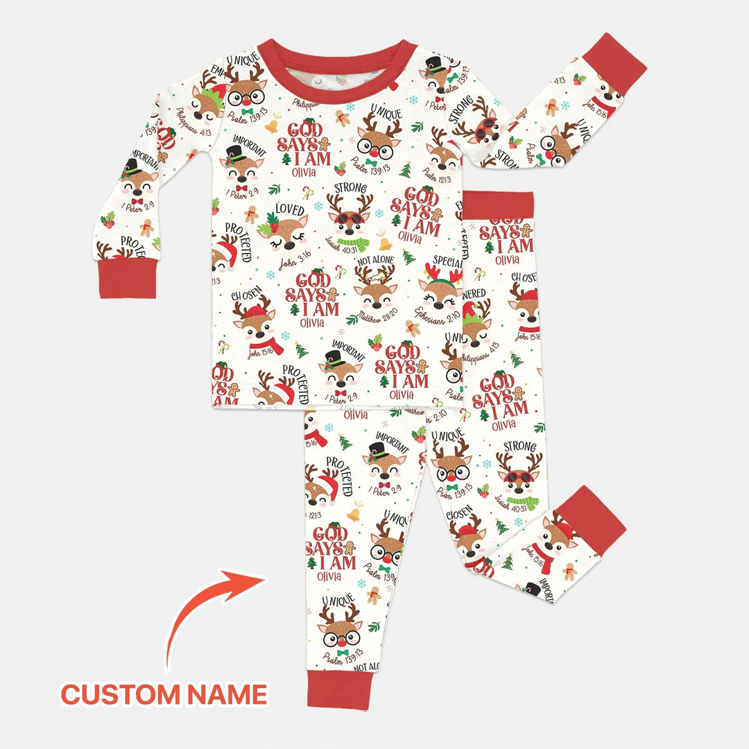 Santa’s Reindeer God Says I Am Custom Name Two Piece Long Sleeve Pajama Set - Zumbamboo
