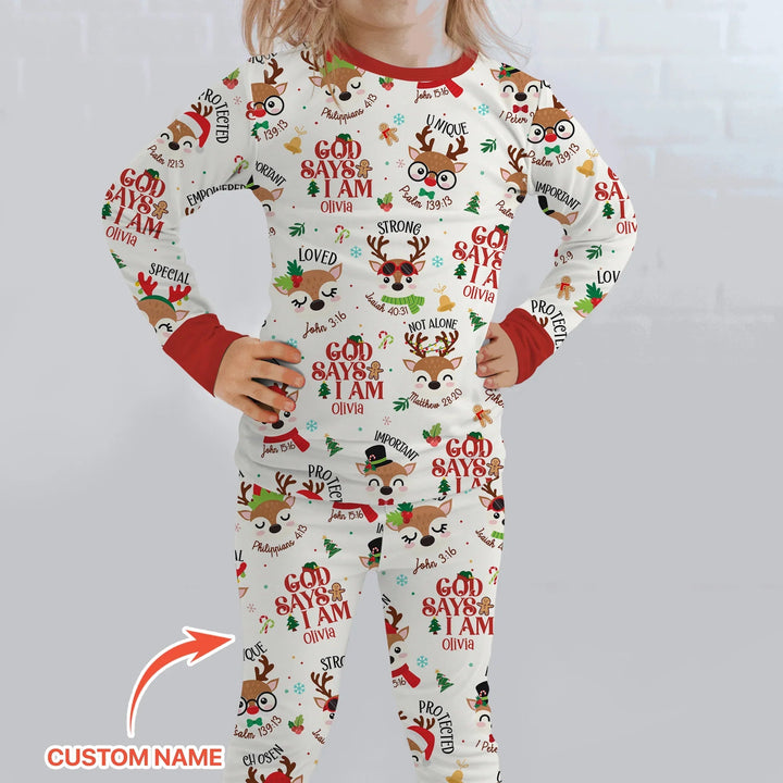 Santa’s Reindeer God Says I Am Custom Name Two Piece Long Sleeve Pajama Set - Zumbamboo