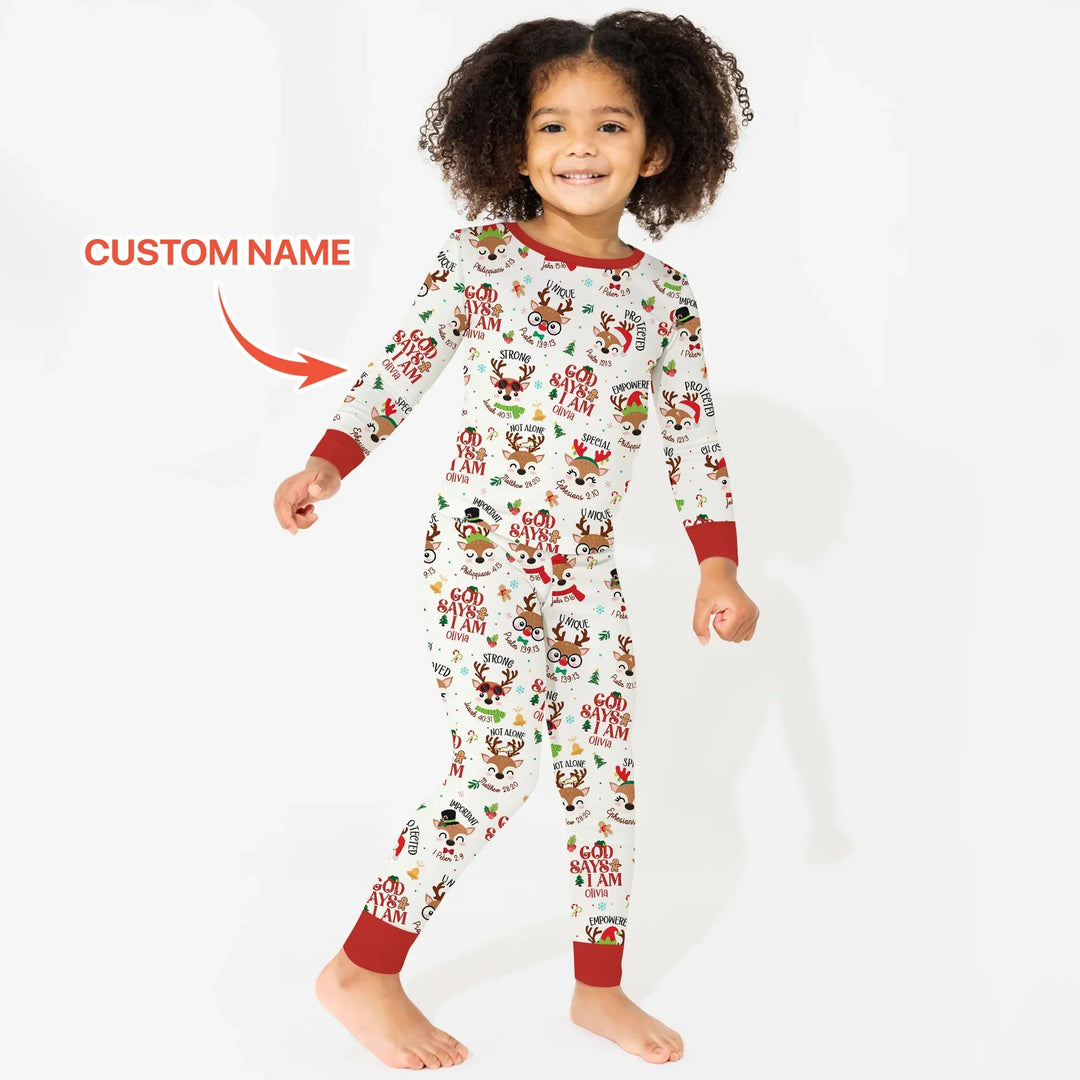 Santa’s Reindeer God Says I Am Custom Name Two Piece Long Sleeve Pajama Set - Zumbamboo