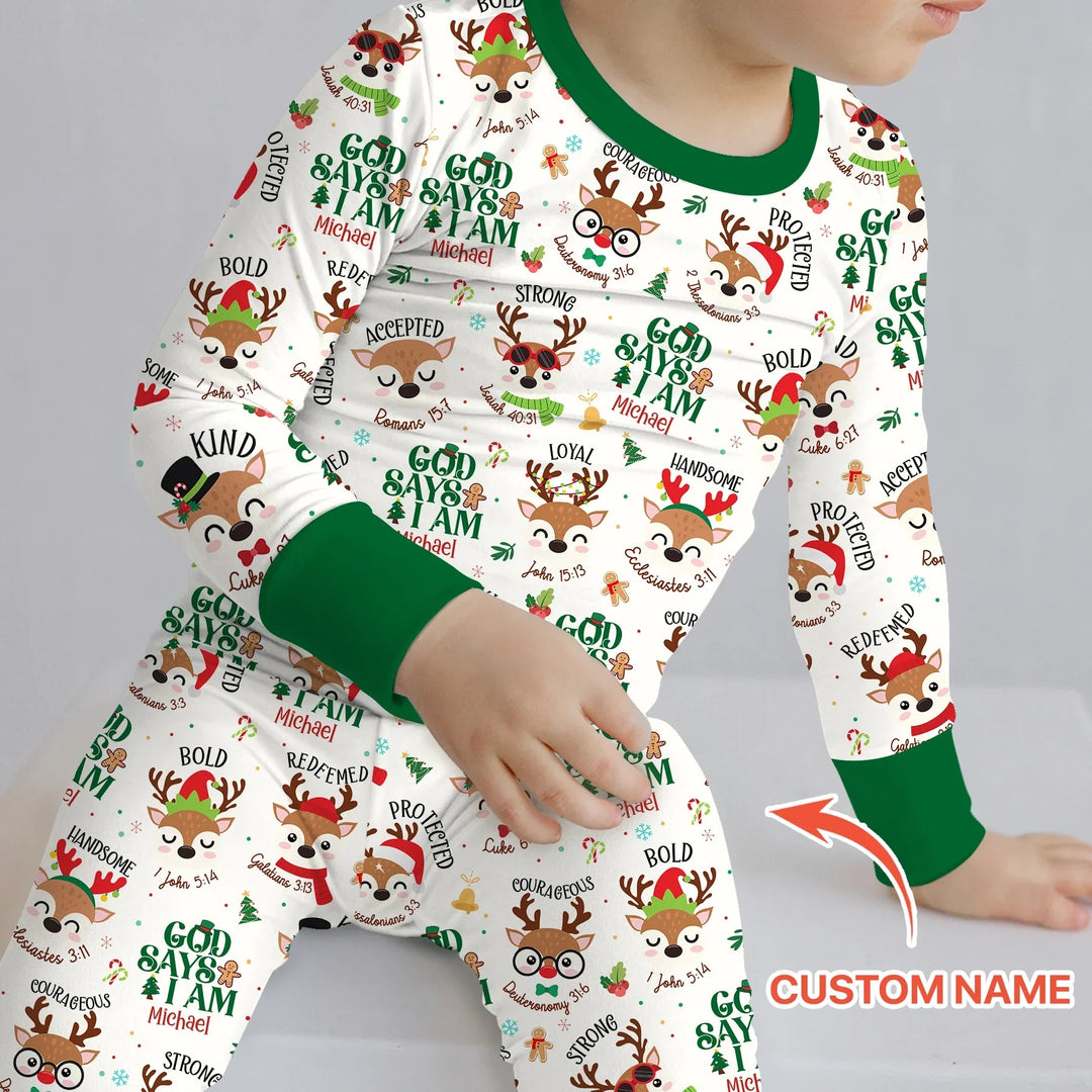 Santa’s Reindeer God Says I Am Custom Name Two Piece Long Sleeve Pajama Set - Zumbamboo