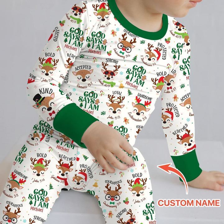 Santa’s Reindeer God Says I Am Custom Name Two Piece Long Sleeve Pajama Set - Zumbamboo