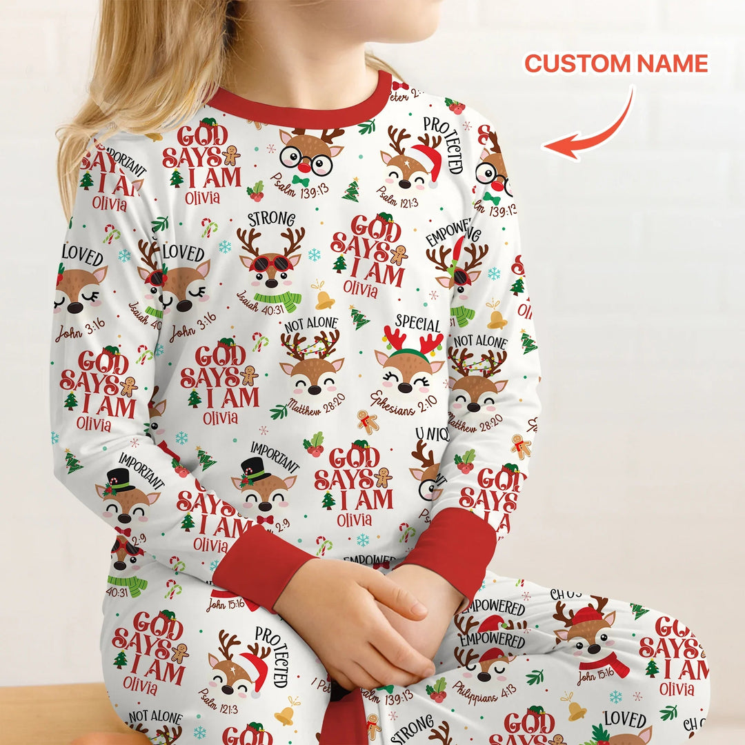 Santa’s Reindeer God Says I Am Custom Name Two Piece Long Sleeve Pajama Set - Zumbamboo