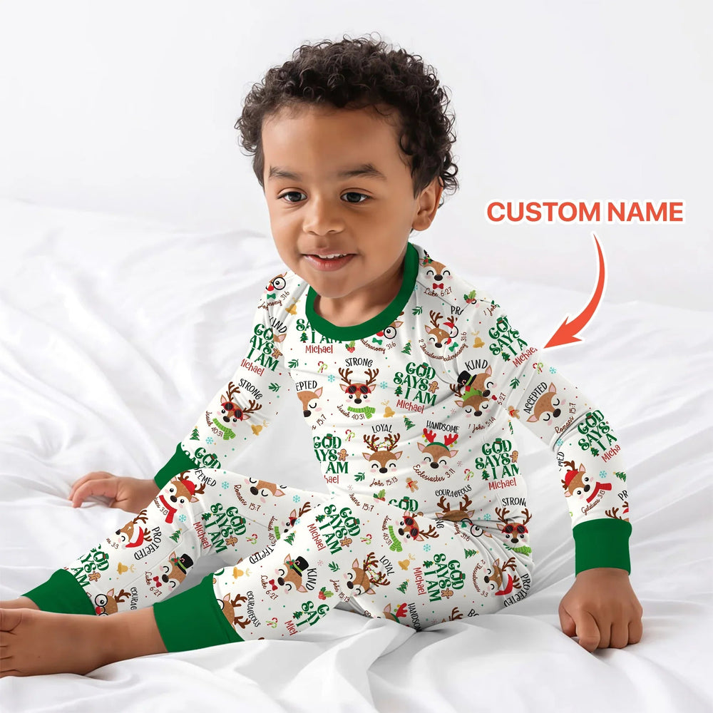 Santa’s Reindeer God Says I Am Custom Name Two Piece Long Sleeve Pajama Set - Zumbamboo