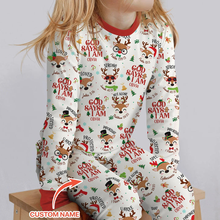 Santa’s Reindeer God Says I Am Custom Name Two Piece Long Sleeve Pajama Set - Zumbamboo