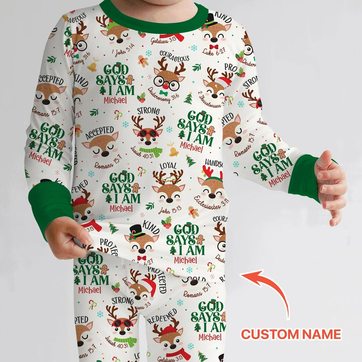Santa’s Reindeer God Says I Am Custom Name Two Piece Long Sleeve Pajama Set - Zumbamboo
