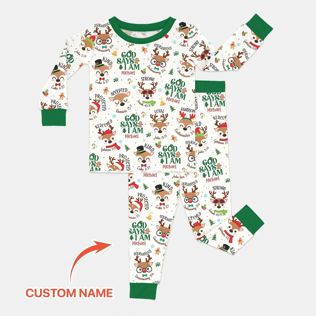 Santa’s Reindeer God Says I Am Custom Name Two Piece Long Sleeve Pajama Set - Zumbamboo