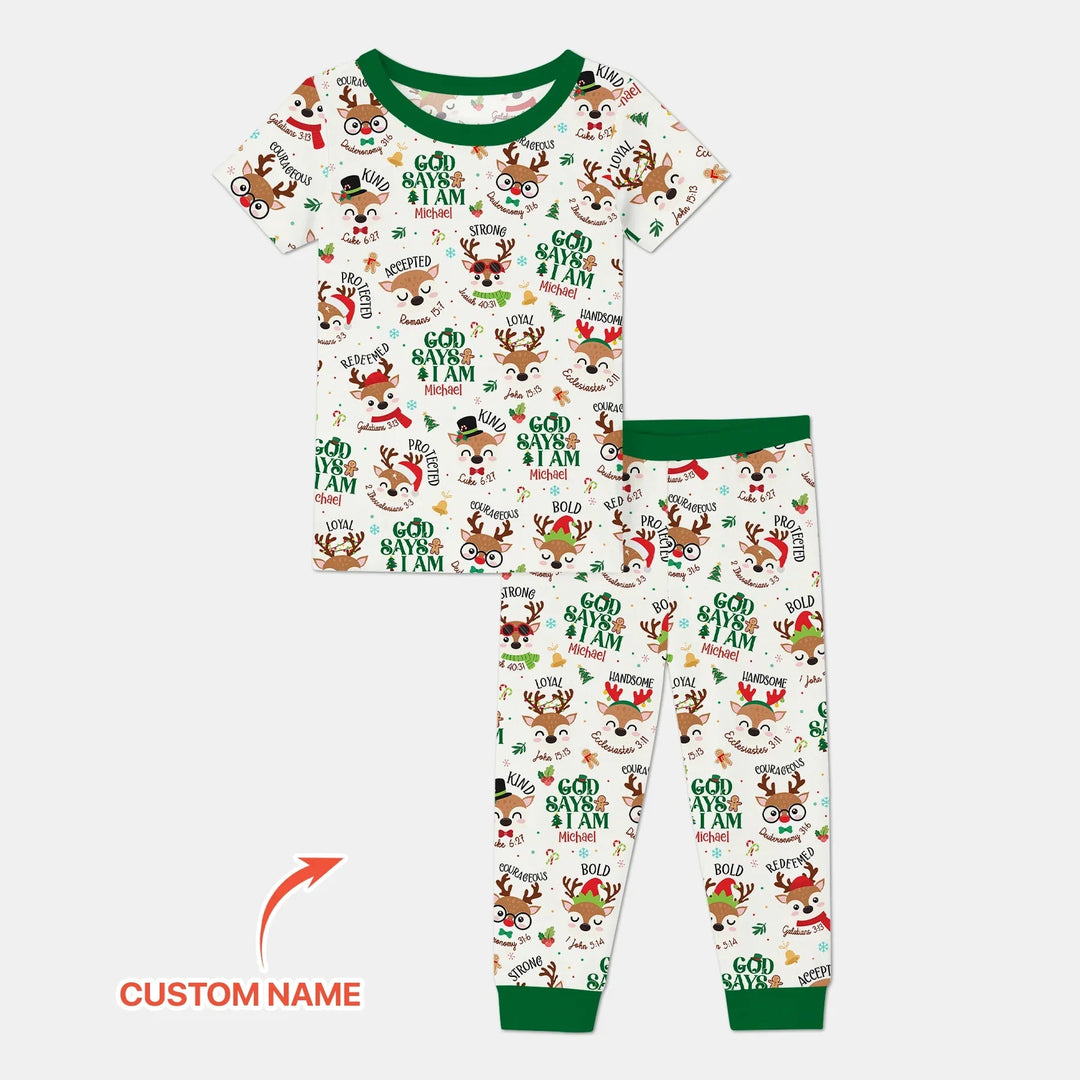 Santa’s Reindeer God Says I Am Custom Name Two Piece Short Sleeve Pajama Set - Zumbamboo