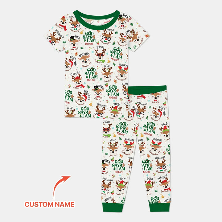 Santa’s Reindeer God Says I Am Custom Name Two Piece Short Sleeve Pajama Set - Zumbamboo