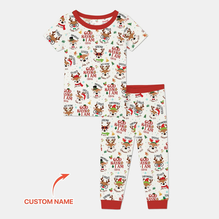 Santa’s Reindeer God Says I Am Custom Name Two Piece Short Sleeve Pajama Set - Zumbamboo