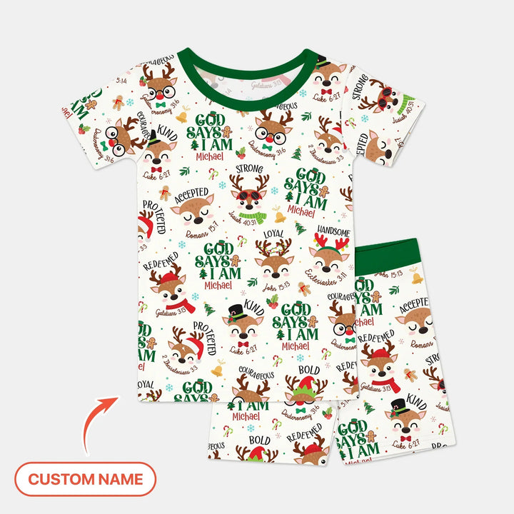 Santa’s Reindeer God Says I Am Custom Name Two Piece Short Sleeve Shorts Pajama Set - Zumbamboo