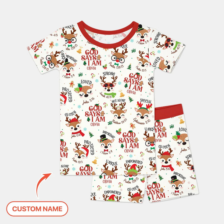 Santa’s Reindeer God Says I Am Custom Name Two Piece Short Sleeve Shorts Pajama Set - Zumbamboo