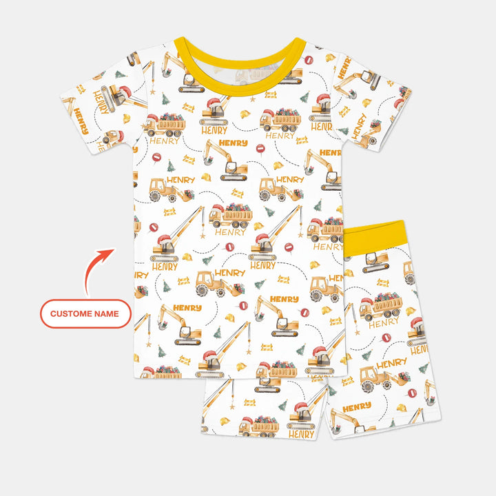 Santa's Little Builders Custom Name Two Piece Short Sleeve Shorts Pajama Set