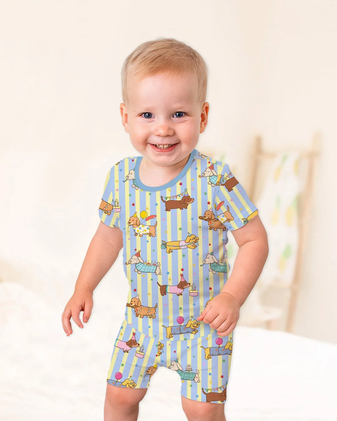 Custom Name Birthday Dachshund Bamboo Two Piece Short Sleeve Shorts Pajama Set