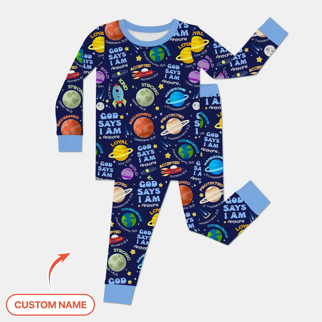 Space God Says I Am Custom Name Two Piece Long Sleeve Pajama Set - Zumbamboo