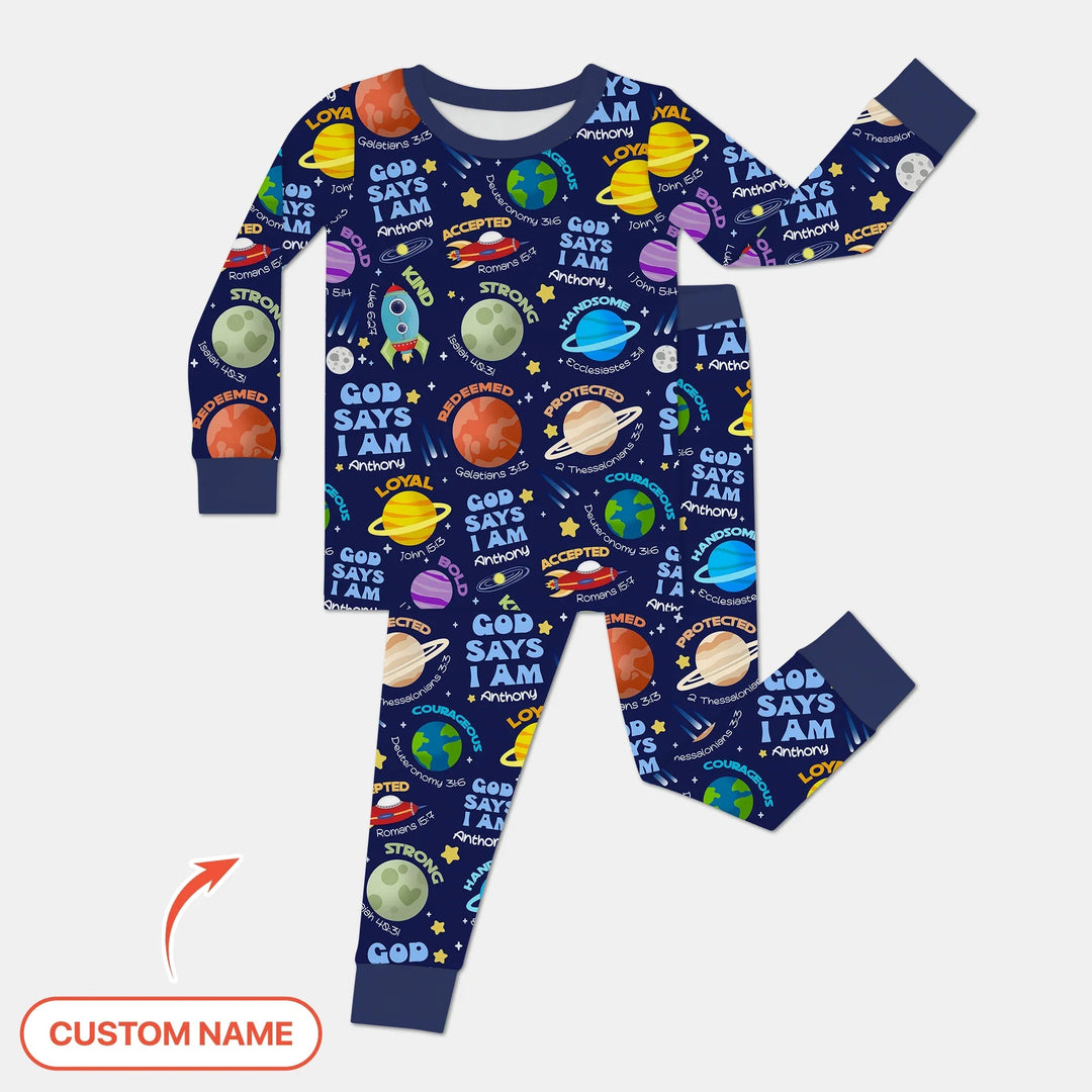 Space God Says I Am Custom Name Two Piece Long Sleeve Pajama Set - Zumbamboo