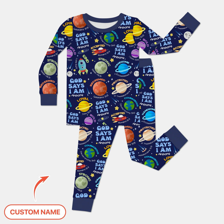 Space God Says I Am Custom Name Two Piece Long Sleeve Pajama Set - Zumbamboo