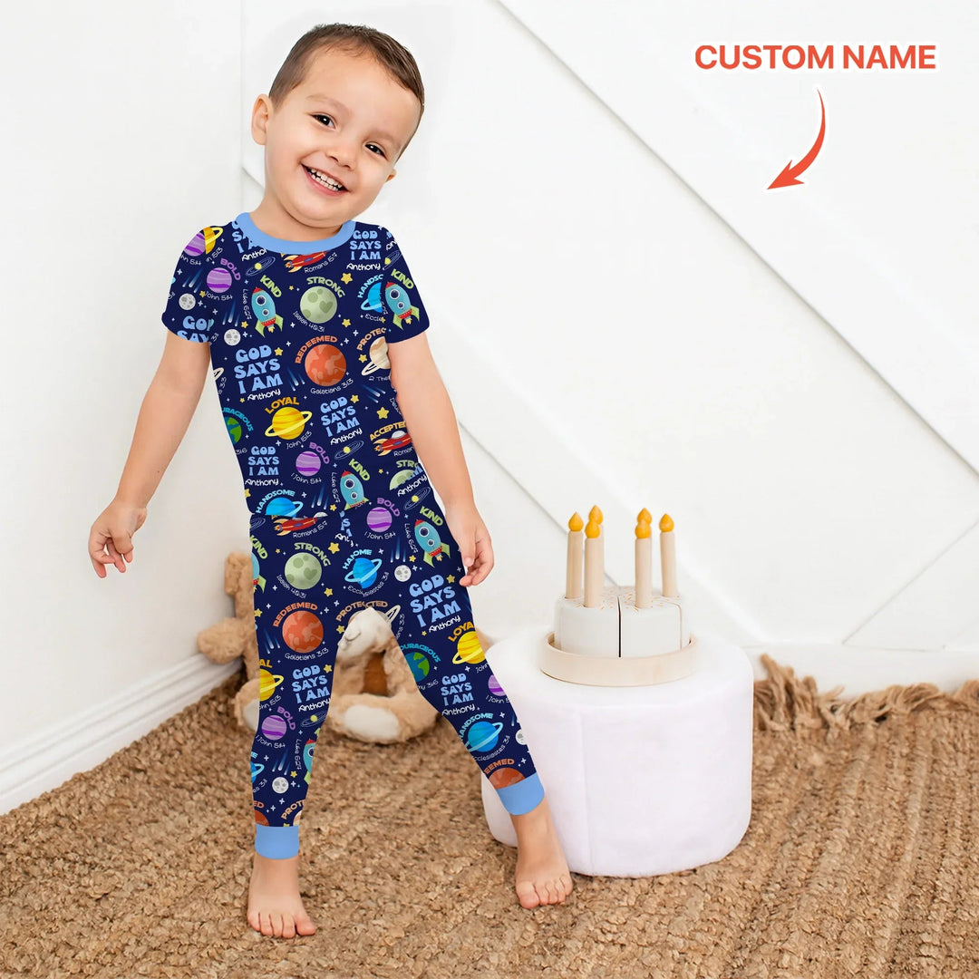 Space God Says I Am Custom Name Two Piece Short Sleeve Pajama Set - Zumbamboo