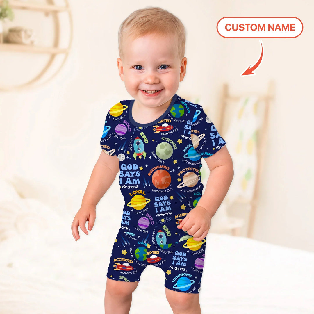 Space God Says I Am Custom Name Two Piece Short Sleeve Shorts Pajama Set - Zumbamboo