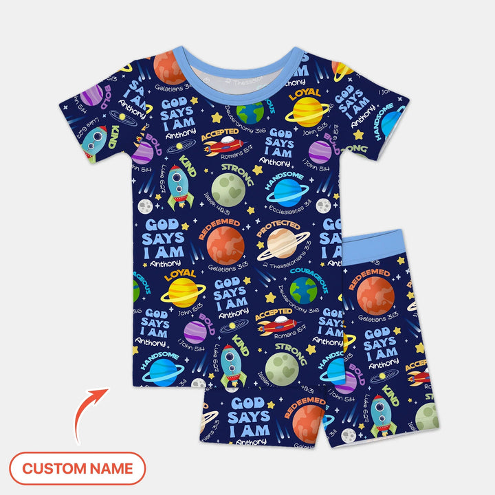 Space God Says I Am Custom Name Two Piece Short Sleeve Shorts Pajama Set - Zumbamboo