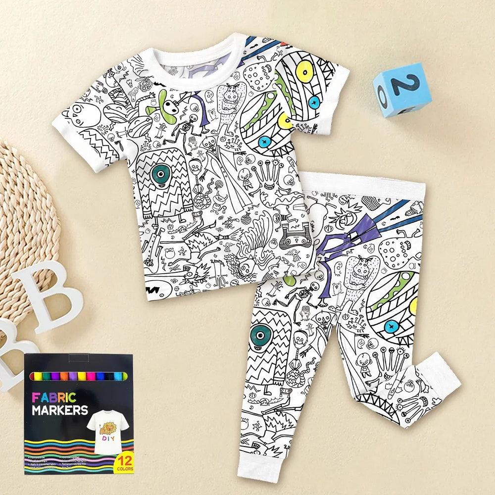 Spooky DIY Monster Colorable Halloween Two Piece Short Sleeve Pajama Set - Zumbamboo