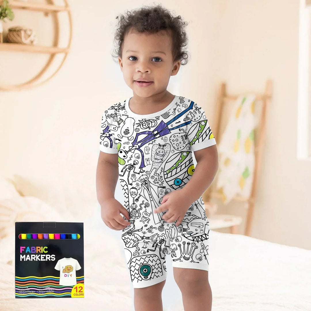 Spooky DIY Monster Colorable Halloween Two Piece Short Sleeve Shorts Pajama Set - Zumbamboo