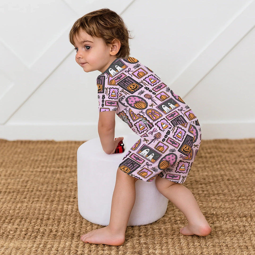 Spooky Frames Two Piece Short Sleeve Shorts Pajama Set For Halloween - Zumbamboo