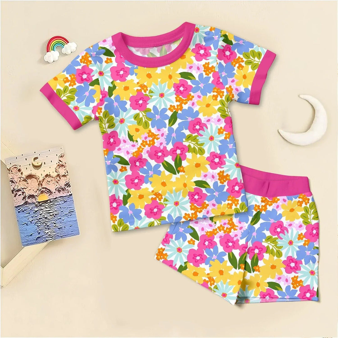 Summer Flowers Two Piece Short Sleeve Shorts Pajama Set - Zumbamboo