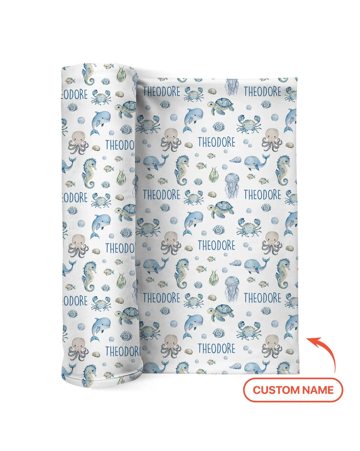 Custom Name Ocean Friends  swaddle blanket