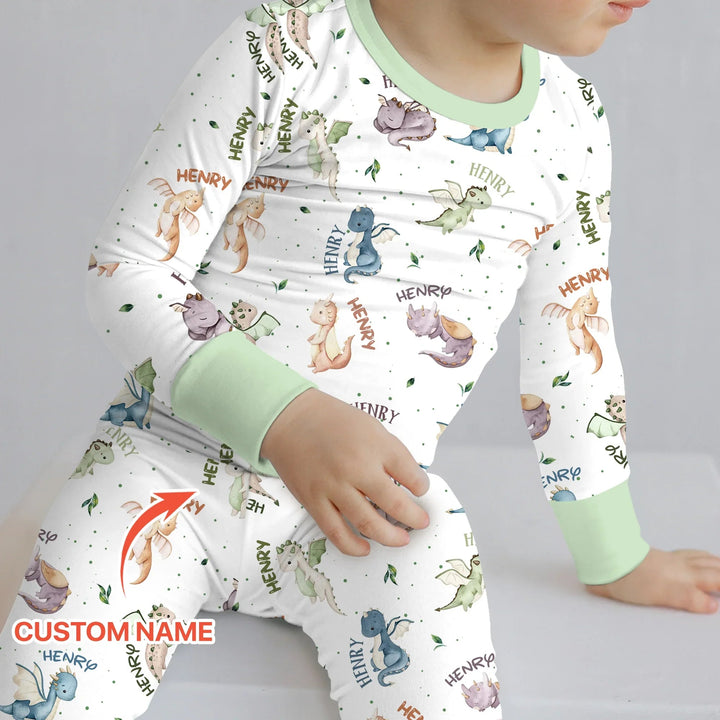 Sweet Baby Dragons Custom Name Two Piece Long Sleeve Pajama Set - Zumbamboo