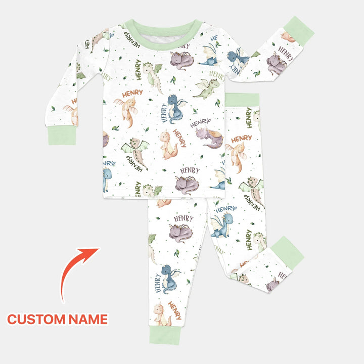 Sweet Baby Dragons Custom Name Two Piece Long Sleeve Pajama Set - Zumbamboo