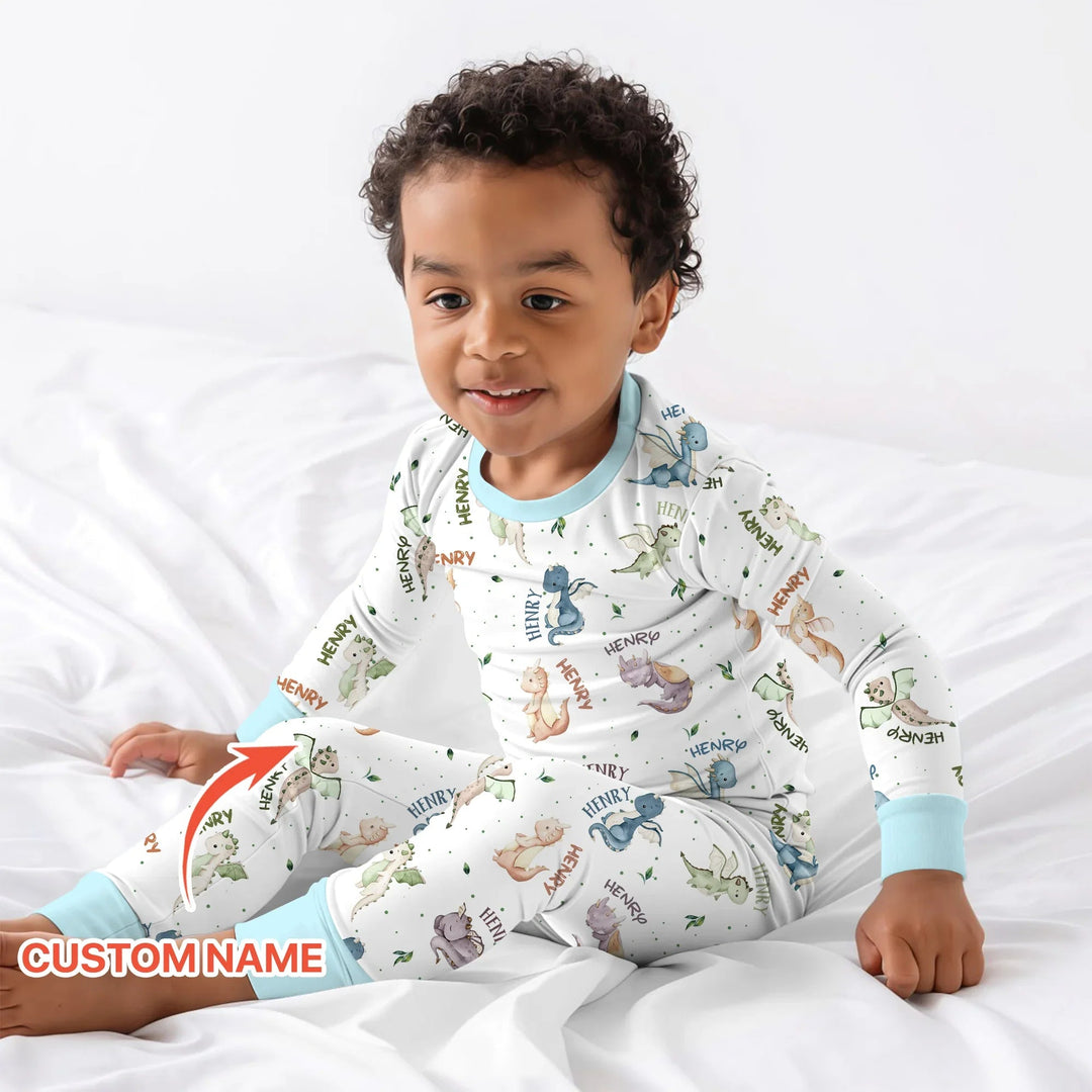 Sweet Baby Dragons Custom Name Two Piece Long Sleeve Pajama Set - Zumbamboo
