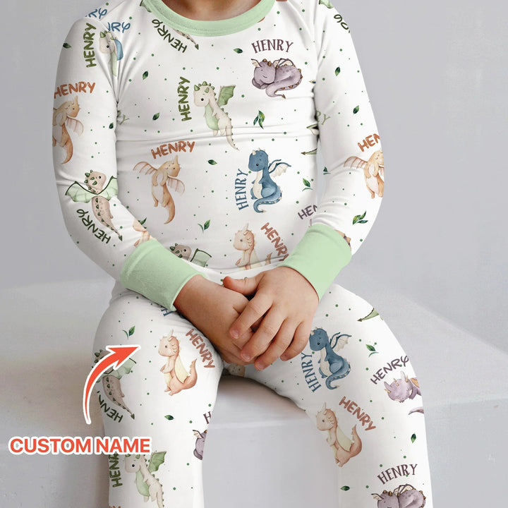 Sweet Baby Dragons Custom Name Two Piece Long Sleeve Pajama Set - Zumbamboo