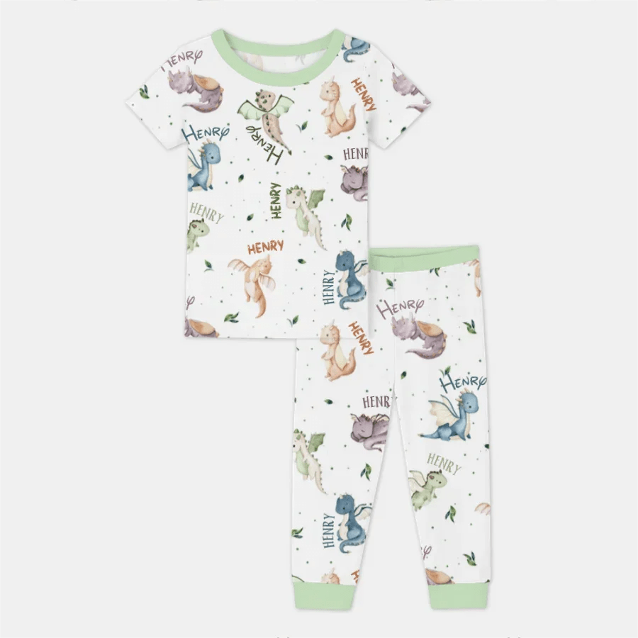 Sweet Baby Dragons Custom Name Two Piece Short Sleeve Pajama Set - Zumbamboo